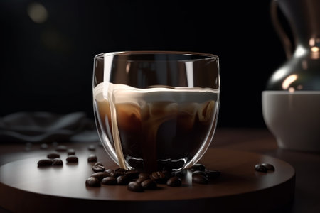 Coffee in glass cup on dark wooden background. Close up. Created with Generative AI technologyの素材