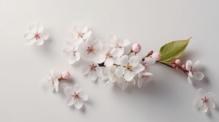 Spring cherry blossom flat lay design with blank copy space. Created with Generative AI technologyの素材