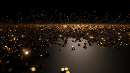 A glamorous black and gold background illuminated with sparkling lights. Created with Generative AI technologyの素材