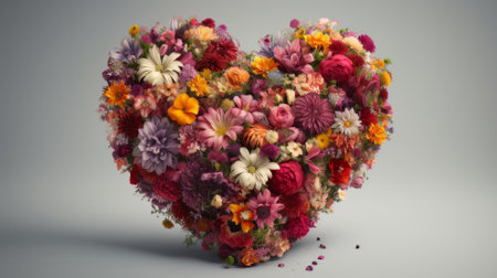 Heart shaped flower arrangement, isolated on white background. Created with Generative AI technologyの素材