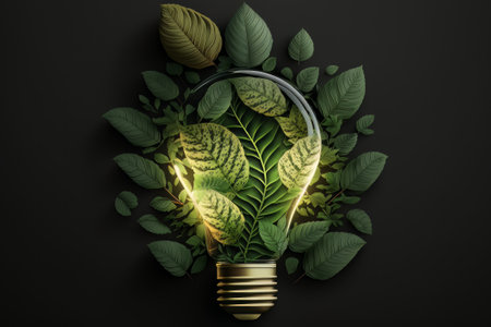 Green eco friendly lightbulb from fresh leaves top view. Energy saving, ecology and environment sustainable resources conservation concept - generative ai. Created with Generative AI technologyの素材