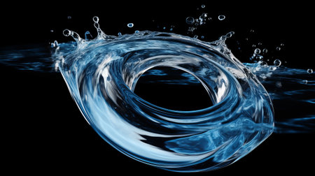 A vibrant blue water wave on a dark black background. Created with Generative AI technologyの素材