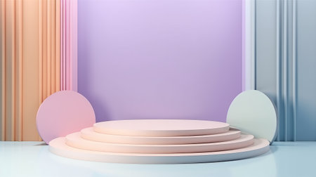 Product showcase podium stand in light rose and blue color 3d render illustration. Created with Generative AI technologyの素材