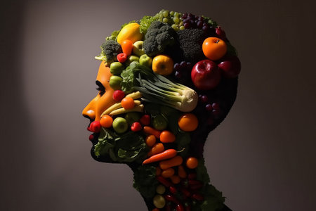 Silhouette of a person's head composed of fruits and vegetables, nutritionist concept. Created with Generative AI technologyの素材