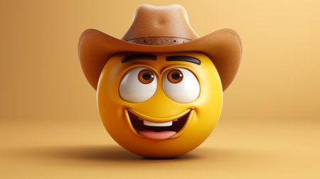 A happy emoji wearing a cowboy hat. Created with Generative AI technologyの素材