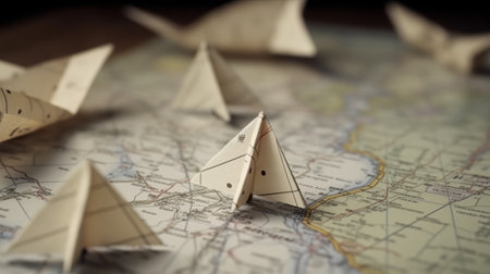 Origami birds placed on a map. Created with Generative AI technologyの素材
