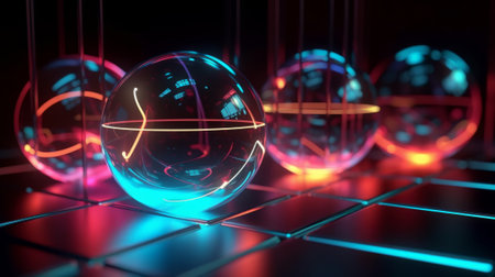 Glowing balls arranged on a table surface. Created with Generative AI technologyの素材