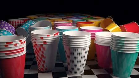 A vibrant table filled with various colorful cups and mugs. Created with Generative AI technologyの素材