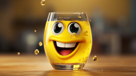 A glass of yellow liquid with a smiling face. Created with Generative AI technologyの素材