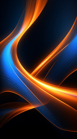 A vibrant abstract background with flowing waves of blue and orange. Created with Generative AI technologyの素材