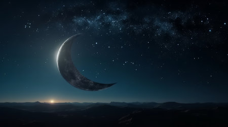 Starry Night with a moon in the top of the sky. Created with Generative AI technologyの素材