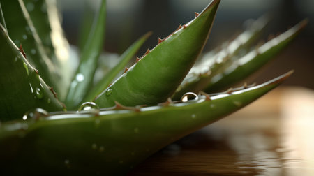 Closeup of aloe tropical plant leaves with rain drops. Green natural backdrop. Created with Generative AI technologyの素材