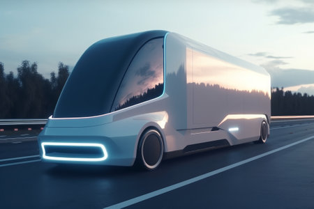 Driverless autonomous truck on the road. Created with Generative AI technologyの素材