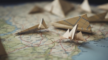 A map with colorful origami airplanes. Created with Generative AI technologyの素材