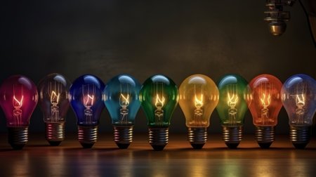 Colorful glowing bulb idea concept of leadership and idea. Created with Generative AI technologyの素材