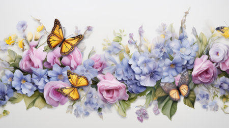 A painting of flowers and butterflies on a white background. Created with Generative AI technologyの素材