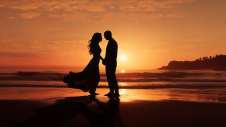 A man and a woman standing on a beach at sunset. Created with Generative AI technologyの素材