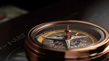 A compass on a map, showing directions and orientation. Created with Generative AI technologyの素材