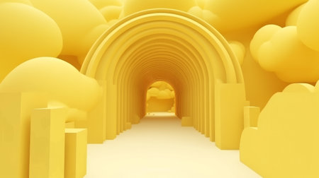 A bright yellow tunnel with a clean white floor and walls. Created with Generative AI technologyの素材