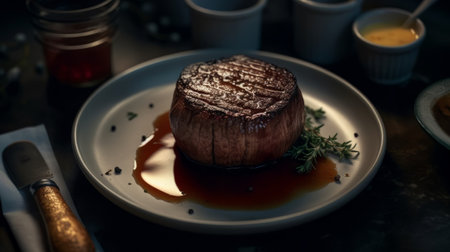Beef Steak Close Up on Restaurant Background with Blurred Effect. Created with Generative AI technologyの素材