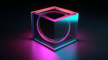 A glowing neon cube against a dark background. Created with Generative AI technologyの素材