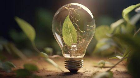 Green plant growth in light bulb. Created with Generative AI technologyの素材
