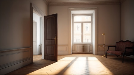 Open door with key to big light living room in new apartment. Created with Generative AI technologyの素材