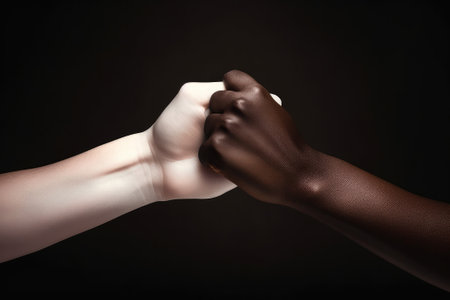 Multiracial hands together forming a pile over dark background. Created with Generative AI technologyの素材
