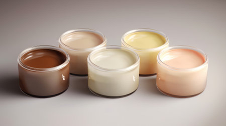 Bottles of makeup foundation and samples on dark background. AI generation. Created with Generative AI technologyの素材