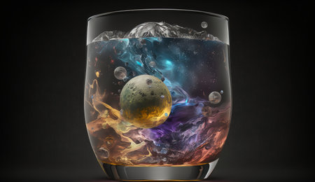 Transparent glass with a cosmic cocktail - planets, stars and nebulae. Created with Generative AI technologyの素材