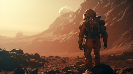 A man in a space suit standing on a rocky surface. Created with Generative AI technologyの素材