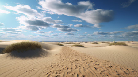 A painting of a path leading to the ocean on a sandy beach under a blue sky with white clouds and blue sky with wispy clouds. Created with Generative AI technologyの素材