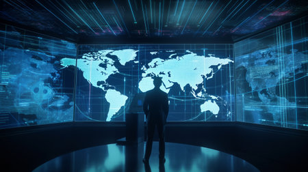 Businessman Analyzing Big Data with a World Map. Created with Generative AI technologyの素材