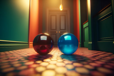 Three shiny balls are sitting in a row on the floor in front of a colorful wall and a doorway in the background. Created with Generative AI technologyの素材