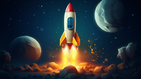 A rocket is flying through the sky above rocks. Created with Generative AI technologyの素材