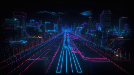 Neon color roadmap street dark background. Created with Generative AI technologyの素材