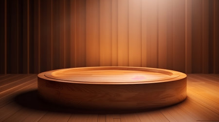 Round wooden podium with beautiful backlighting and haze in delicate pastel golden brown tones. Created with Generative AI technologyの素材