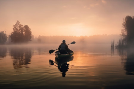 In motion at dawn on the lake. Created with Generative AI technologyの素材
