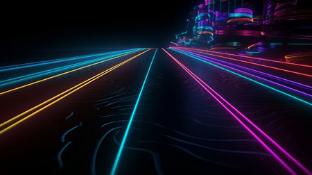 Neon color roadmap street dark background. Created with Generative AI technologyの素材