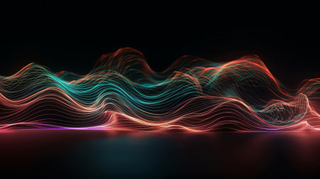 Abstract background of colorful neon wavy line glowi. Created with Generative AI technologyの素材