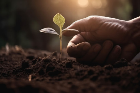 Men hand are planting the seedlings into the soil. Created with Generative AI technologyの素材