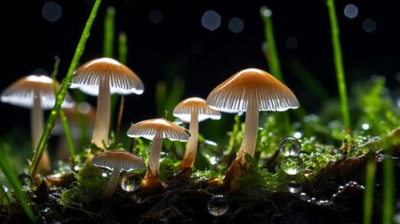 A group of mushrooms sitting on top of a lush green field. Created with Generative AI technologyの素材