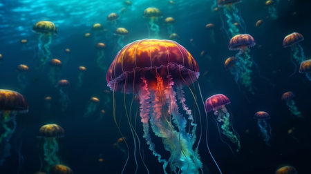 A jellyfish swimming in the ocean with its head turned to the side. Created with Generative AI technologyの素材