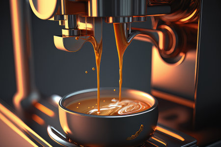 Closeup of an espresso coffee shot peing brewed. Created with Generative AI technologyの素材