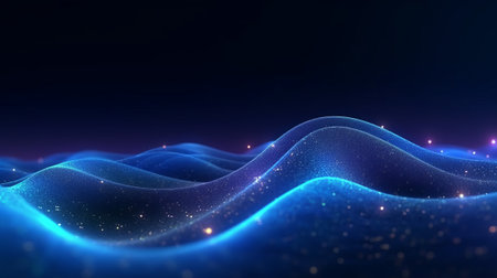A blue wave of light with stars in the background. Created with Generative AI technologyの素材