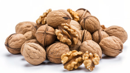 A pile of fresh walnuts on a plain white background. Created with Generative AI technologyの素材
