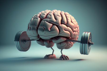 Human brain lifting a heavy dumbbell. The concept of mind training. Created with Generative AI technologyの素材