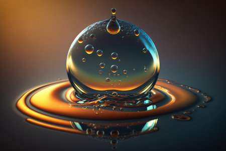 Large drop of liquid, water, dew, oil, rain, beautiful round shape bright glare and shadow. Created with Generative AI technologyの素材