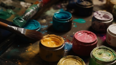 Overhead view of a DIY paint brush with colorful sample paint pots. Created with Generative AI technologyの素材