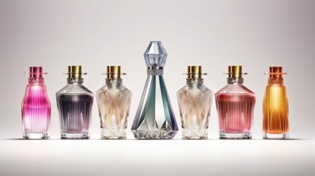 Collection of transparent multi color glass perfume bottles on a light background. Created with Generative AI technologyの素材
